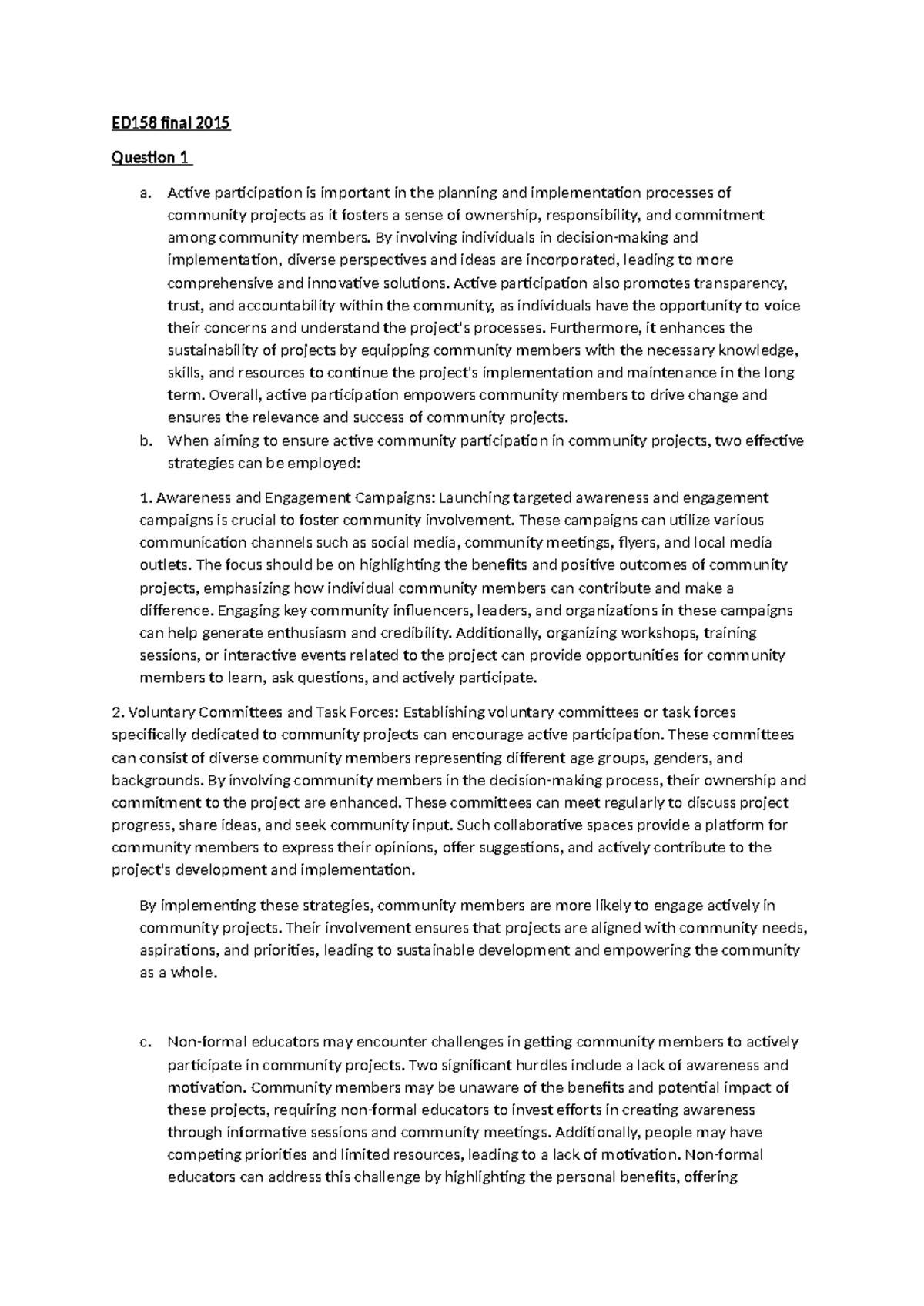 ED158 final 2015 - Exam paper Solution - ED158 final 2015 Question 1 a ...