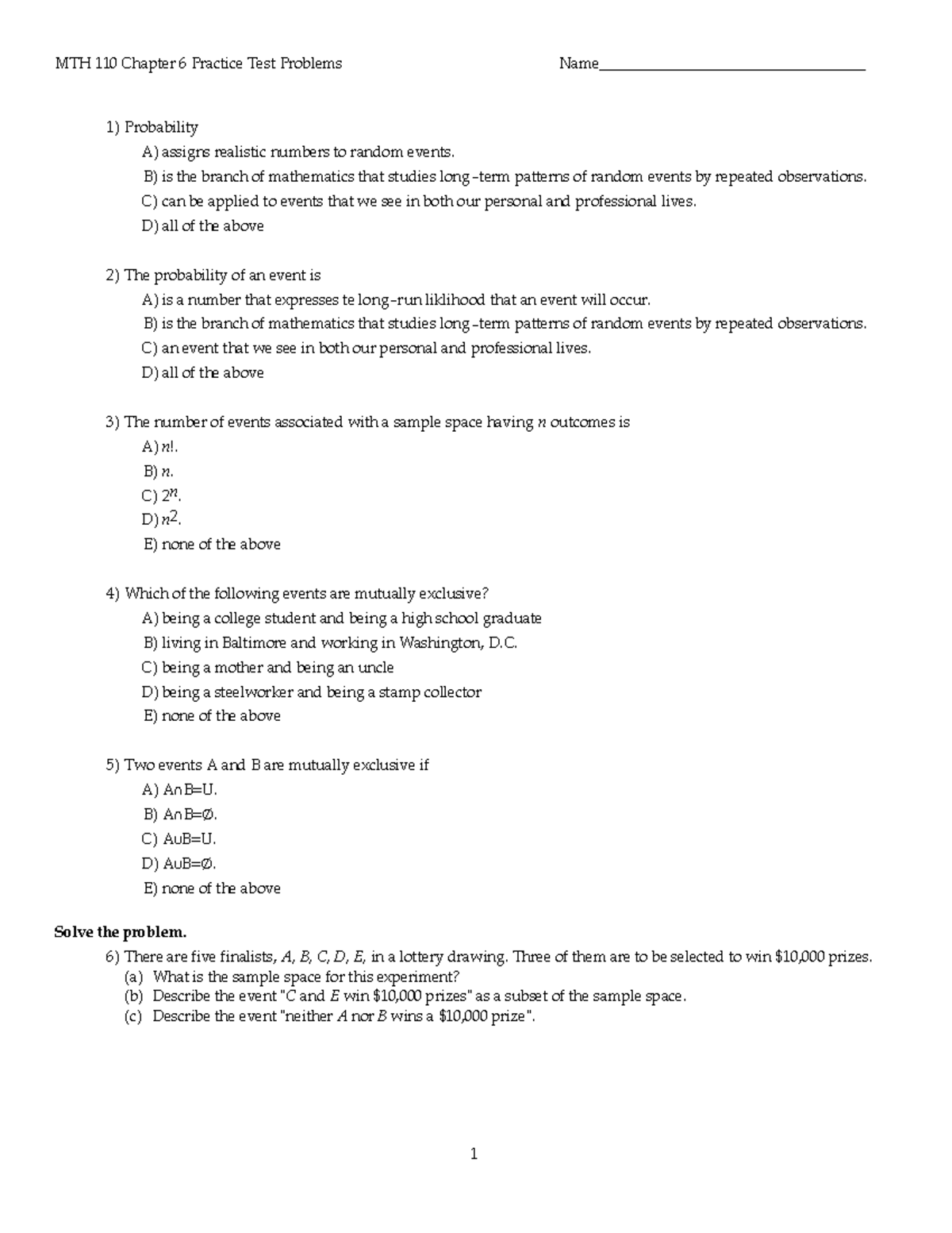 Chapter 6 Practice Test Problems for Probability - MTH 110 Chapter 6 ...