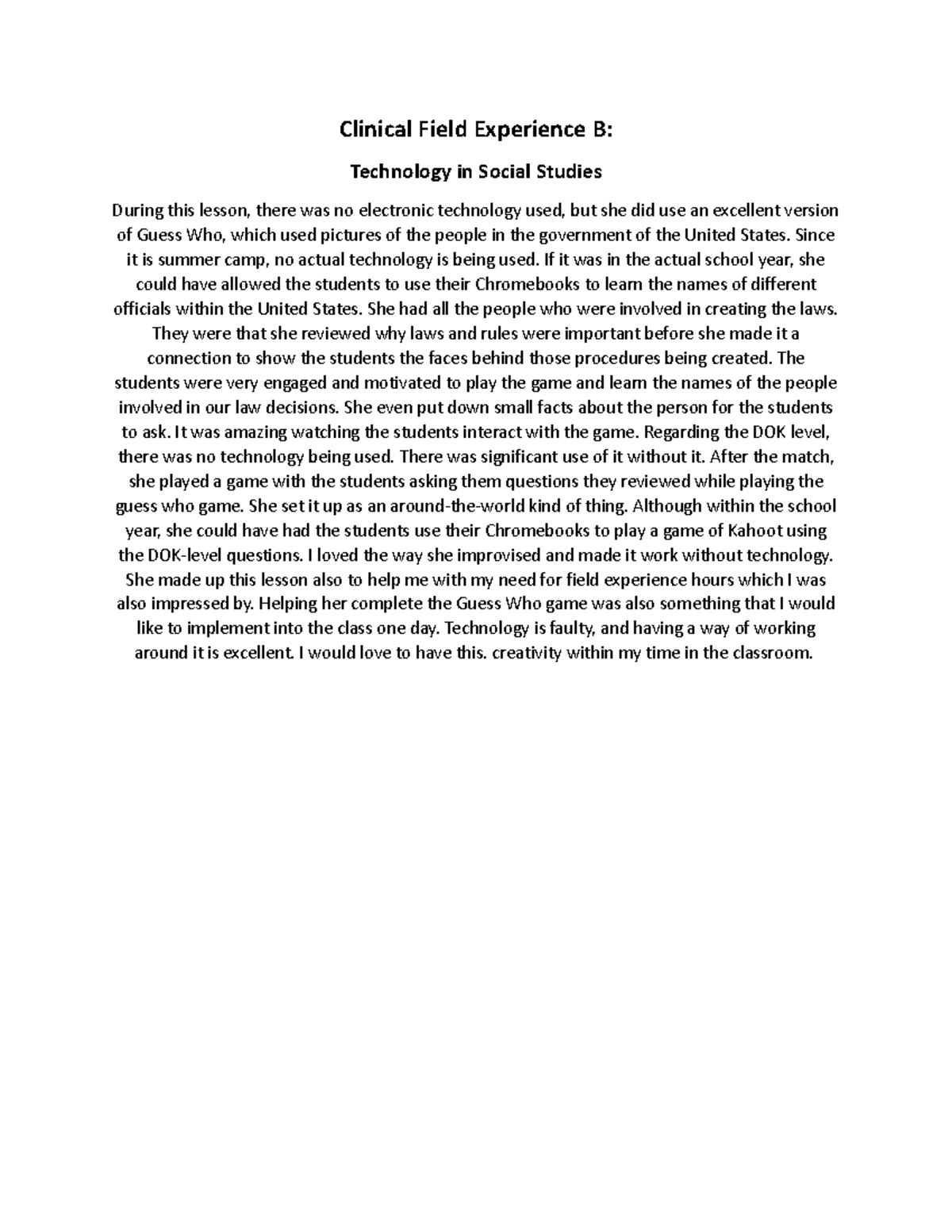 Clinical Field Experience B Technology In Social Studies - Clinical ...