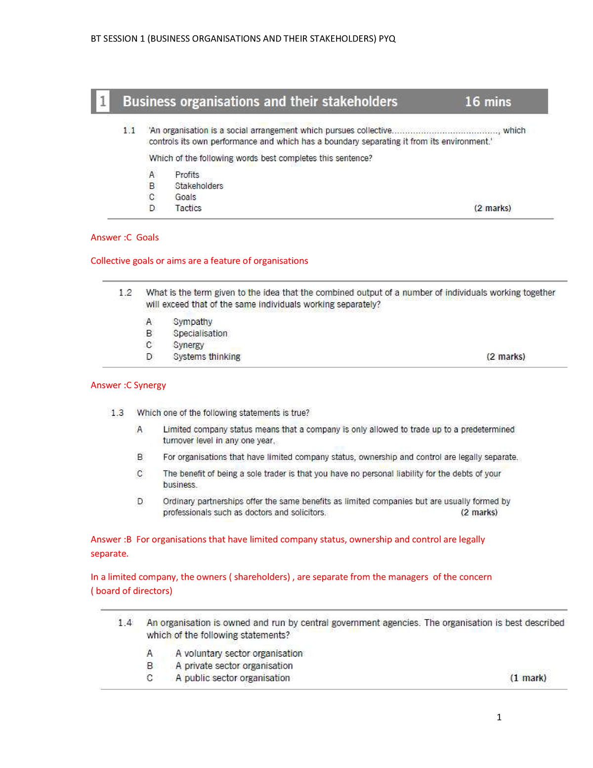 BT Session 1 Solutions For PYQ Business Organsiations AND Their ...