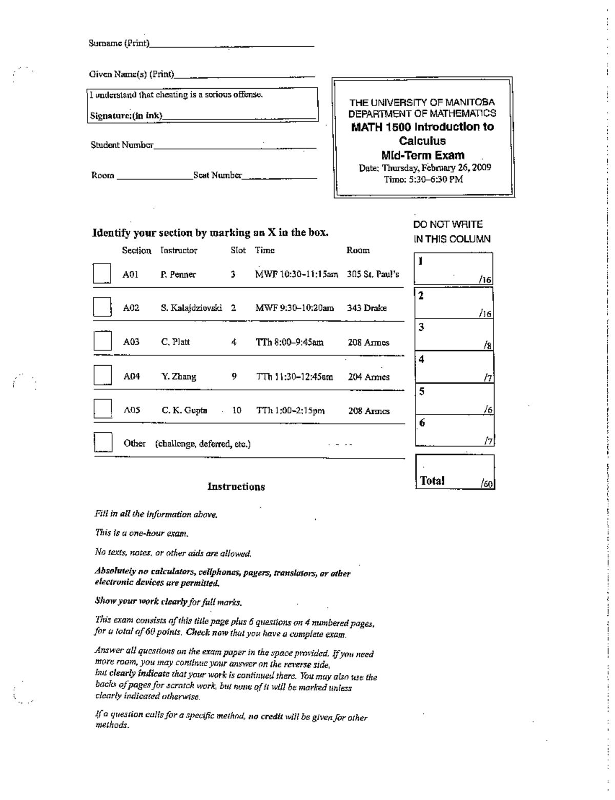 Exam 2009, questions - mid-term, winter - MATH 1500 - Studocu