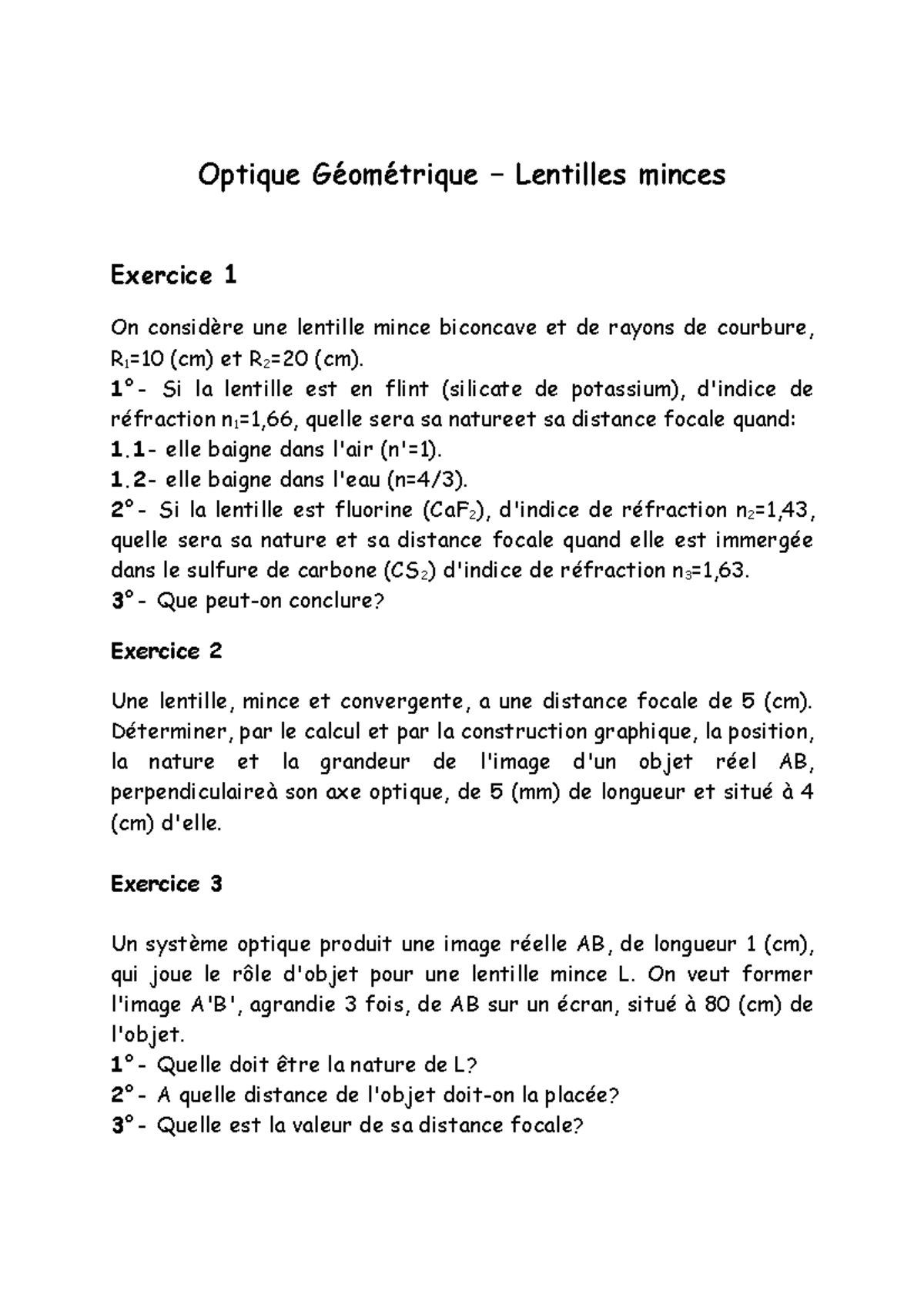 Exo Lentilles Minces - Cours - Optique Géométrique – Lentilles Minces ...