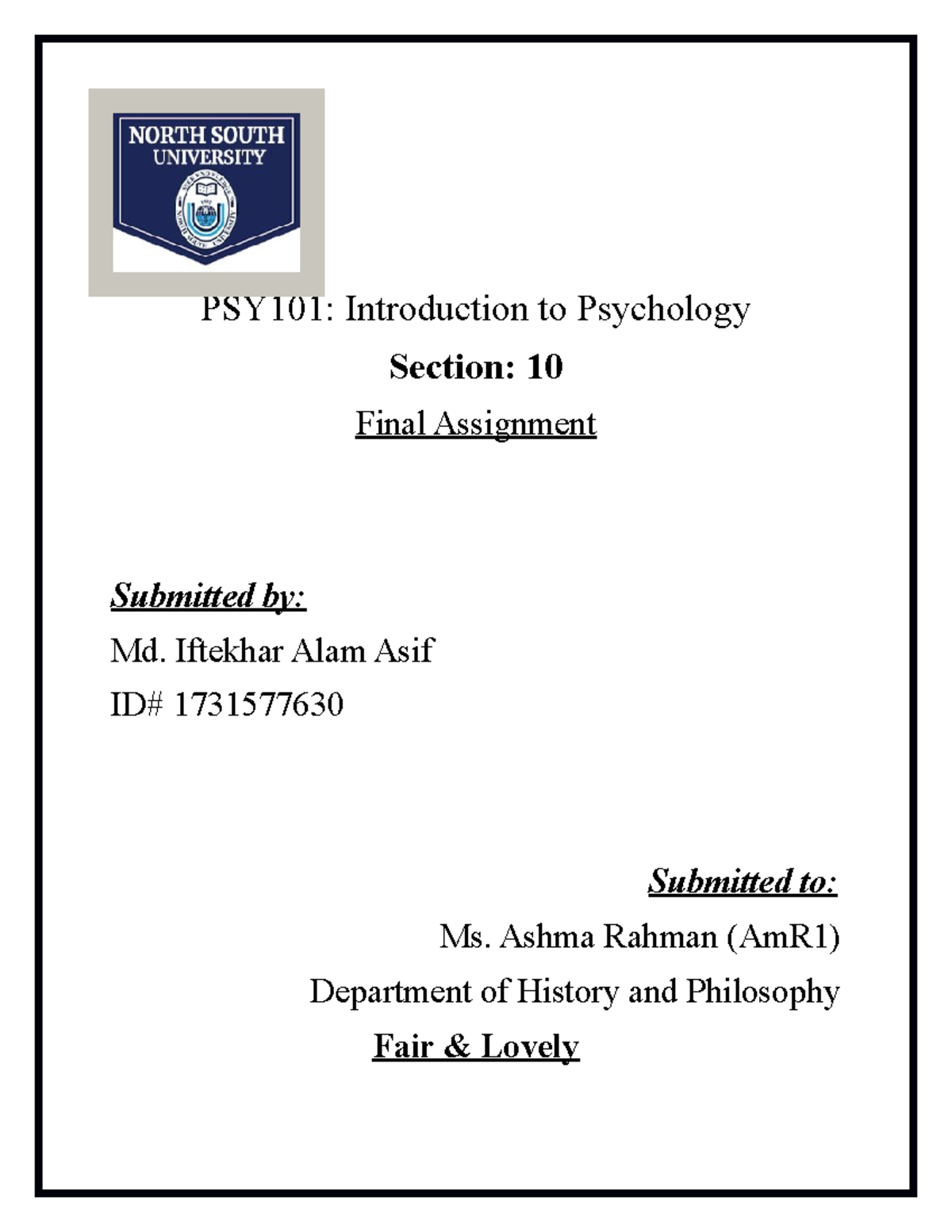 1488288340 - Bhai, Asif PSY101 - Introduction to Psychology Lab - NSU ...