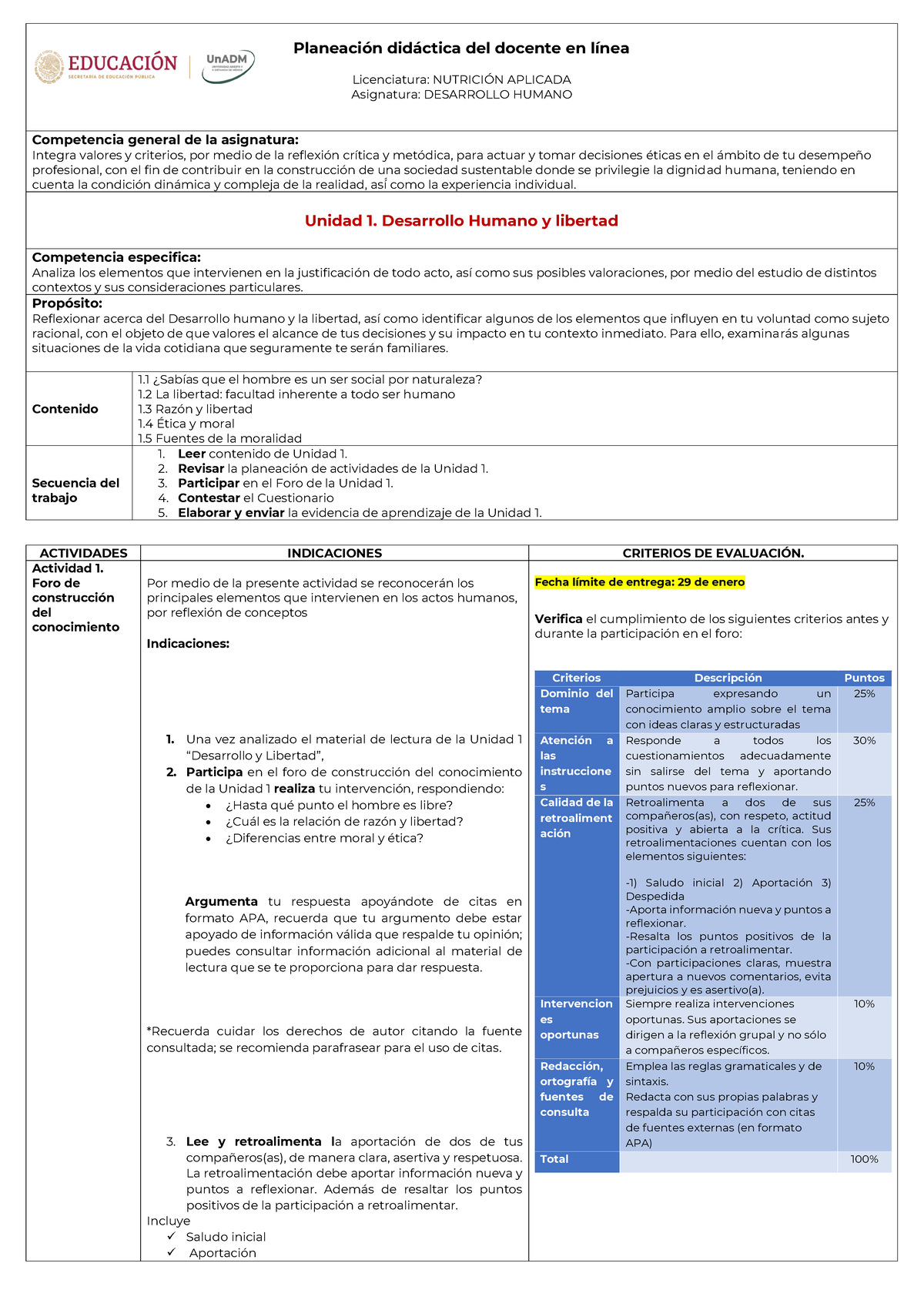 Planeacion Didactica Desarrollo Humano Unidad 1 - PlaneaciÛn Did·ctica ...