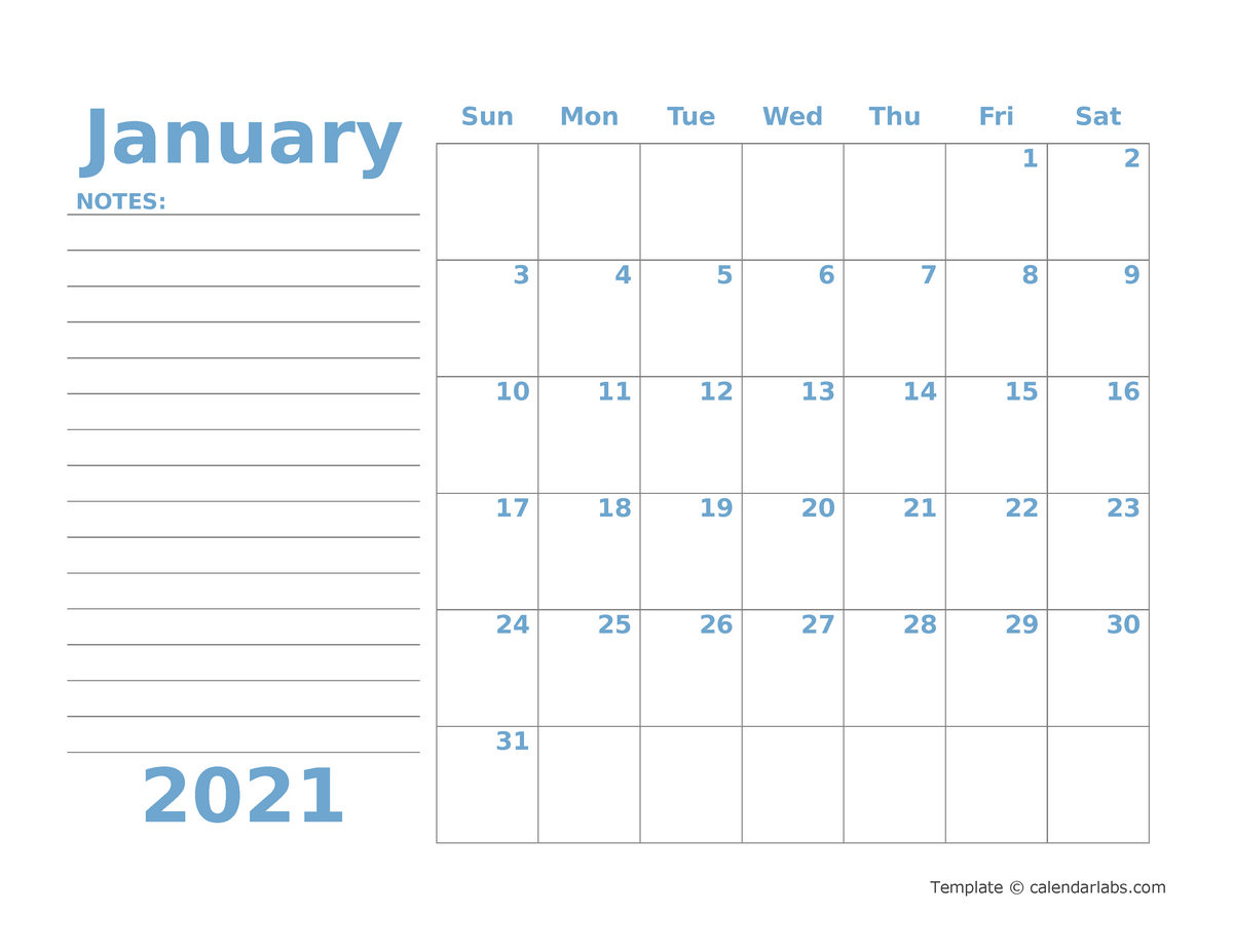 2021 blank calendar template with notes 03 - NOTES:January Februar ...