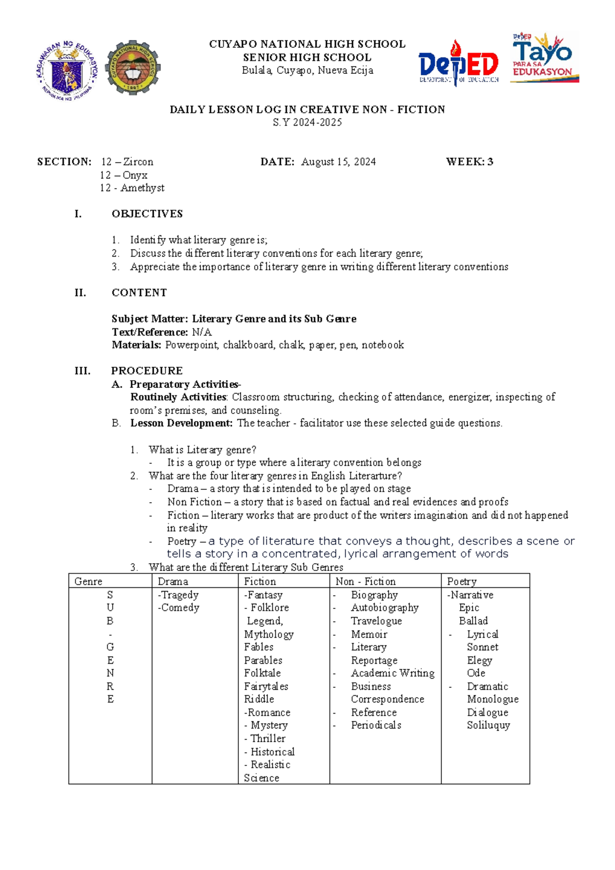 LP CNF WEEK 2 - sample lesson plan in teaching creative writing ...