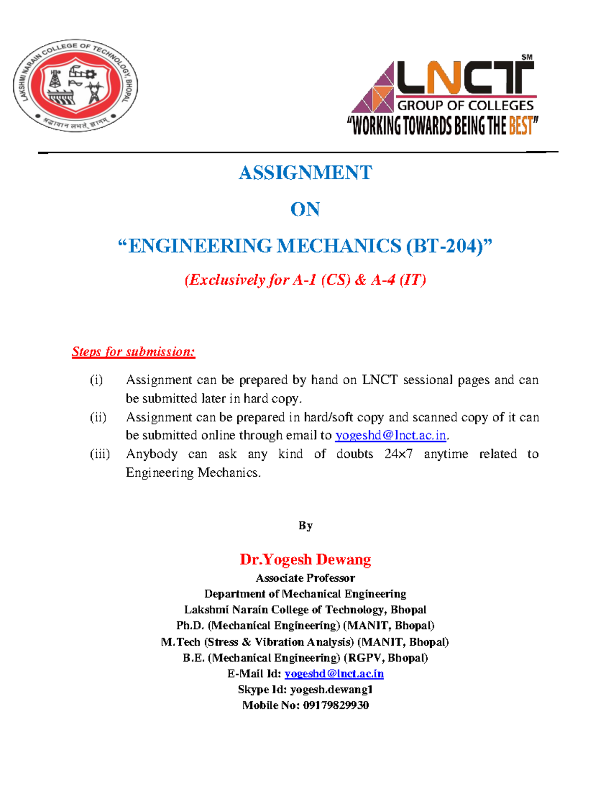 Assignment BT 204 Engineering Mechanics A 4 IT AND A 1 CS - ASSIGNMENT ...