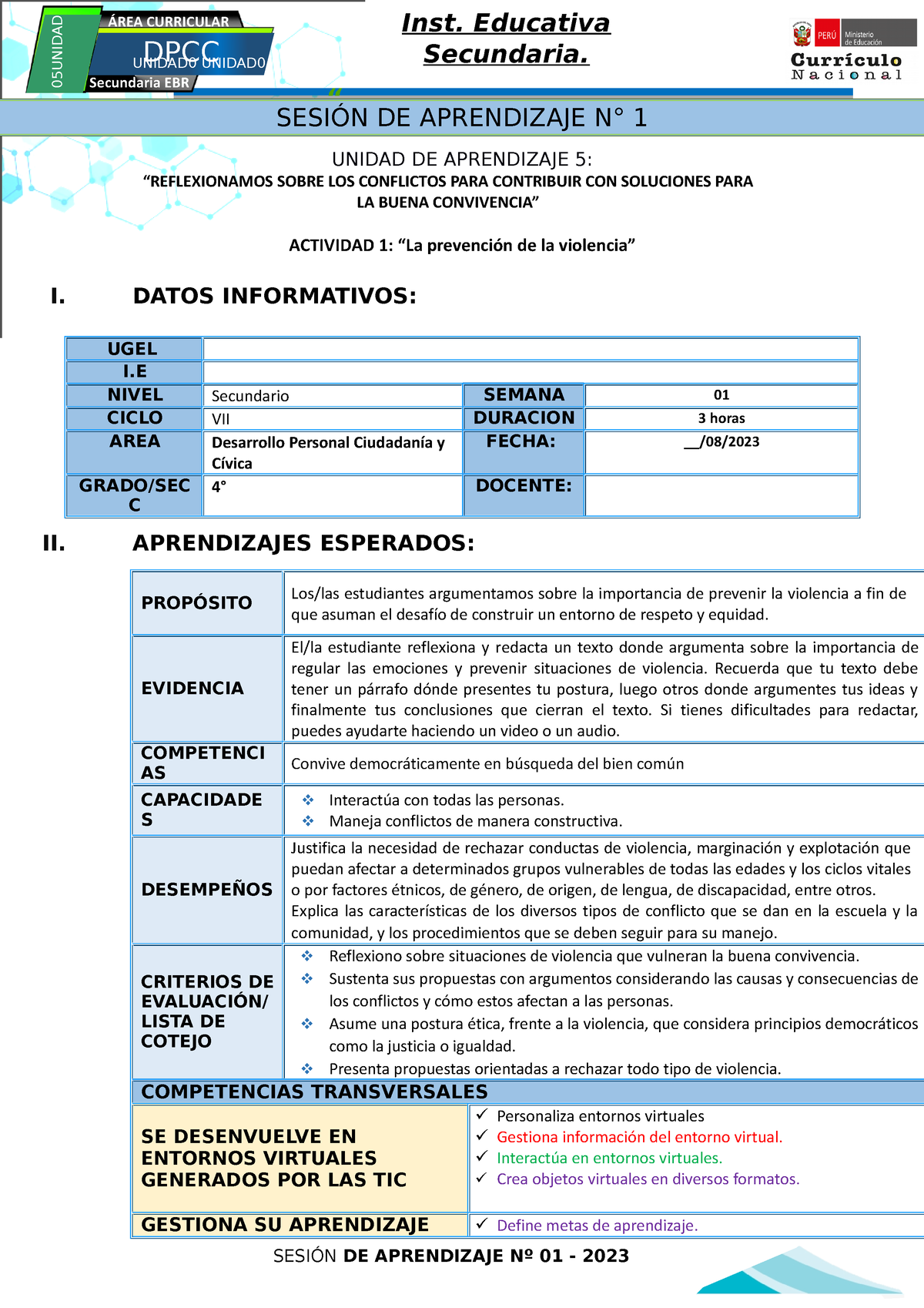 4º DPCC- SES 1 UNI 5 - SEM 01 - UNIDAD0 UNIDAD SESIÓN DE APRENDIZAJE N ...