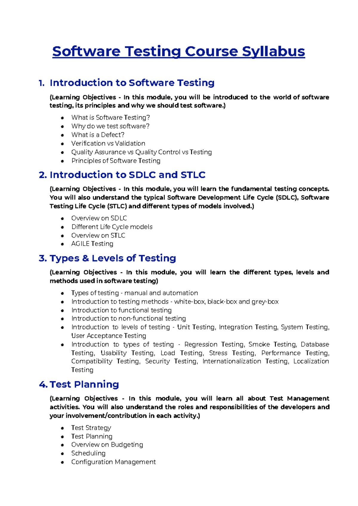 Software Testing Course Syllabus Introduction to Software Testing