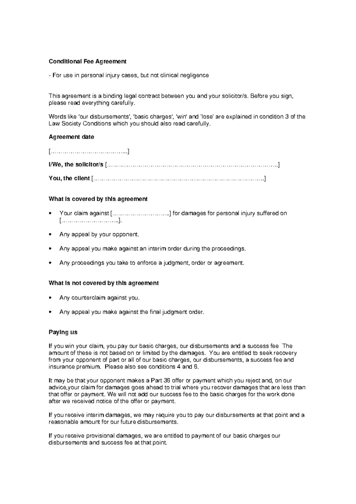 CFA form - CONDITIONAL FEE AGREEMENT - Conditional Fee Agreement For ...