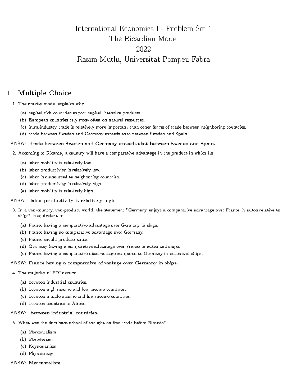 Problem Set 1 2022 - Ricardo - International Economics I - Problem Set ...