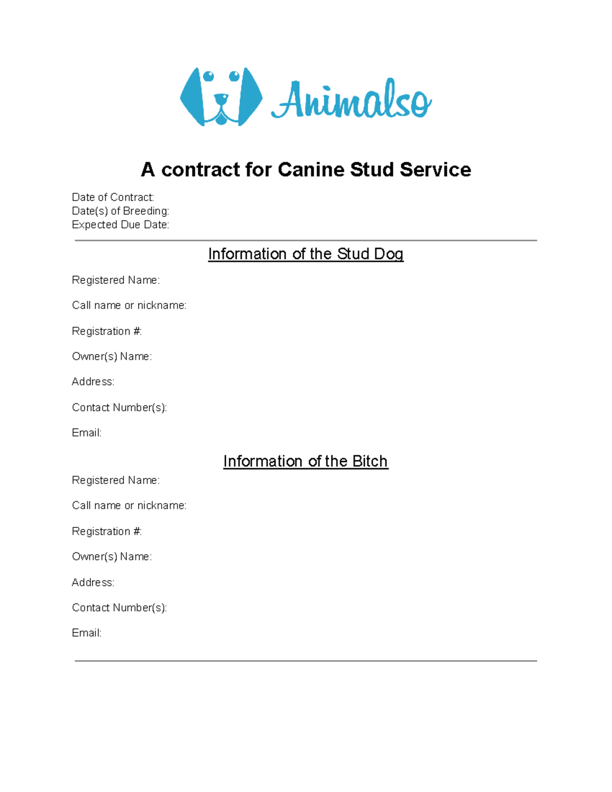 Contract for Canine Stud Service - A contract for Canine Stud Service ...