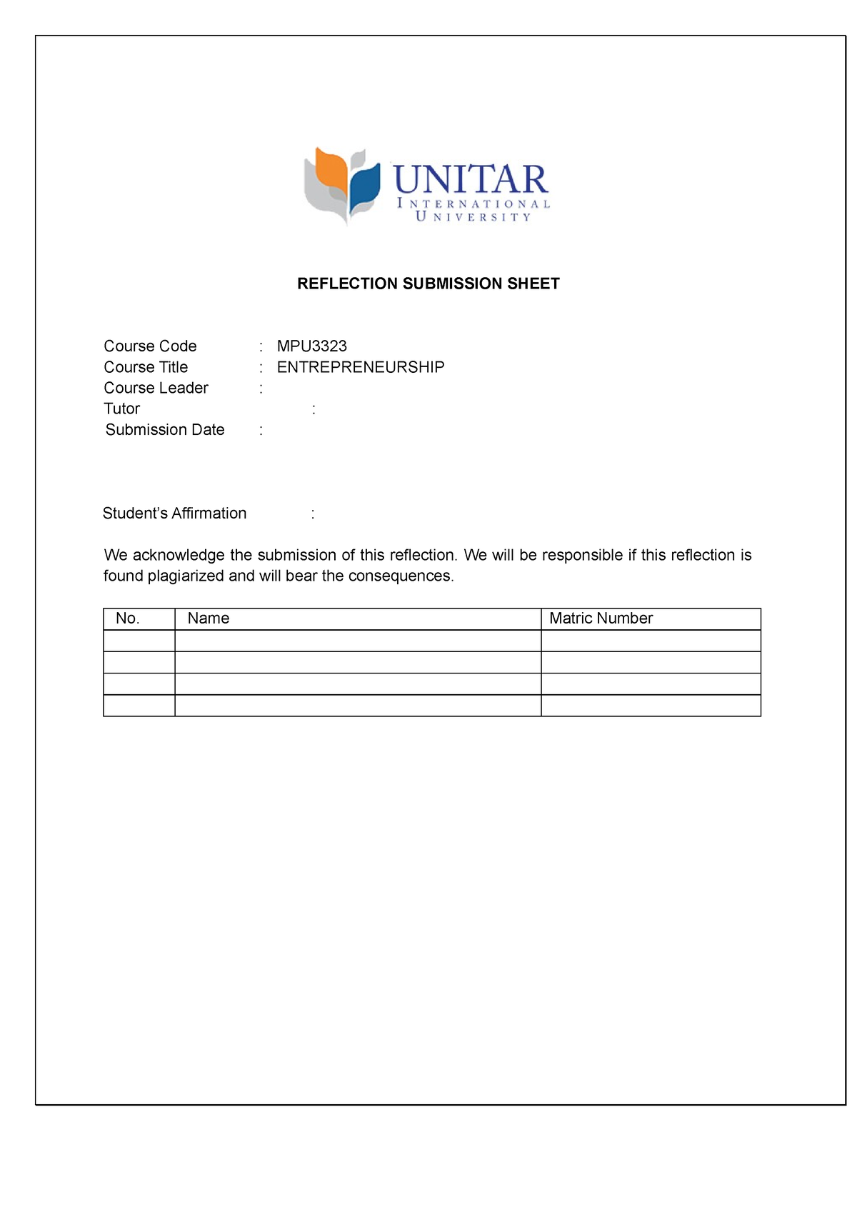 Reflection-MPU3323 Entrepreneurship - REFLECTION SUBMISSION SHEET ...