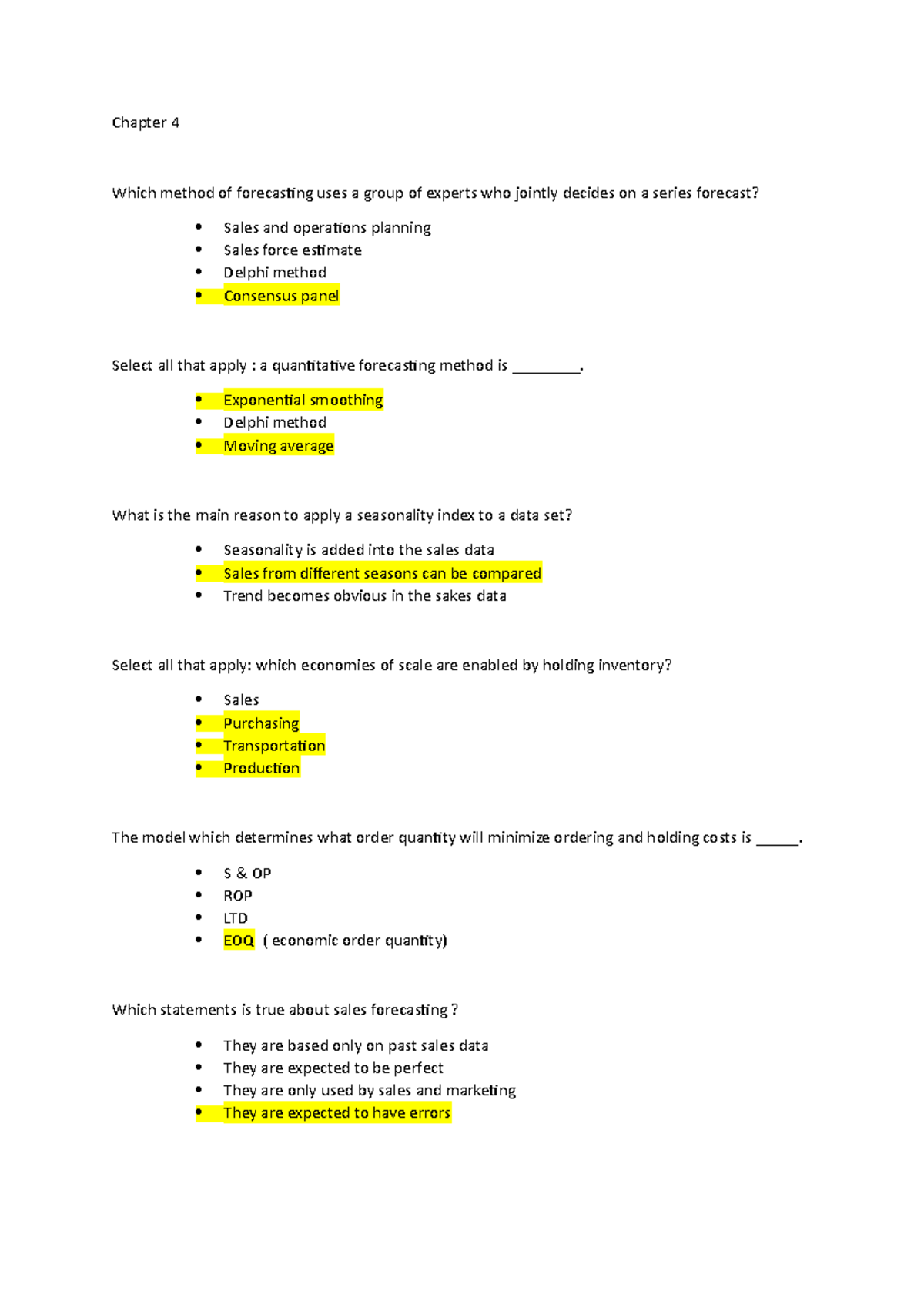 Chapter 4 - notes - Chapter 4 Which method of forecasting uses a group ...
