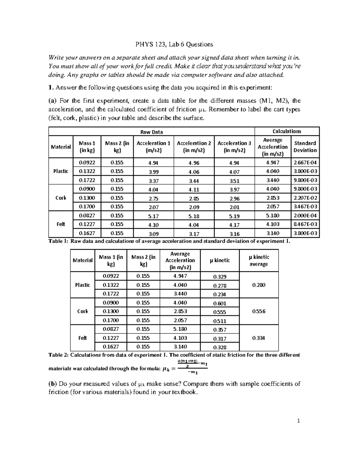 Lab06 - Lab Report - PHYS 123, Lab 6 Questions Write your answers on a ...