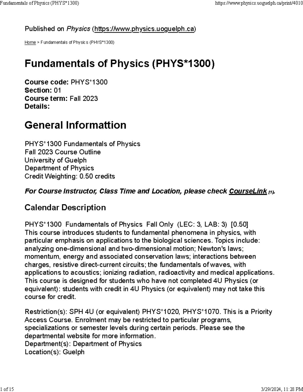 Fundamentals of Physics (PHYS 1300) - Course code: PHYS* Section: 01 ...