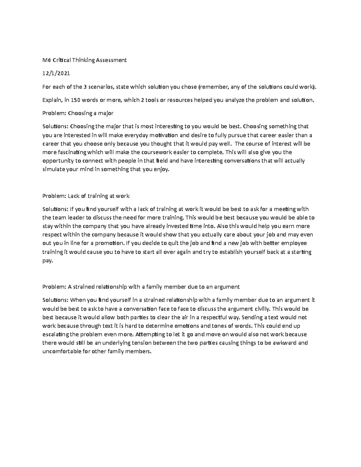 M6 Crititcal Thinking Asssesment - M6 Critical Thinking Assessment 12/1 ...