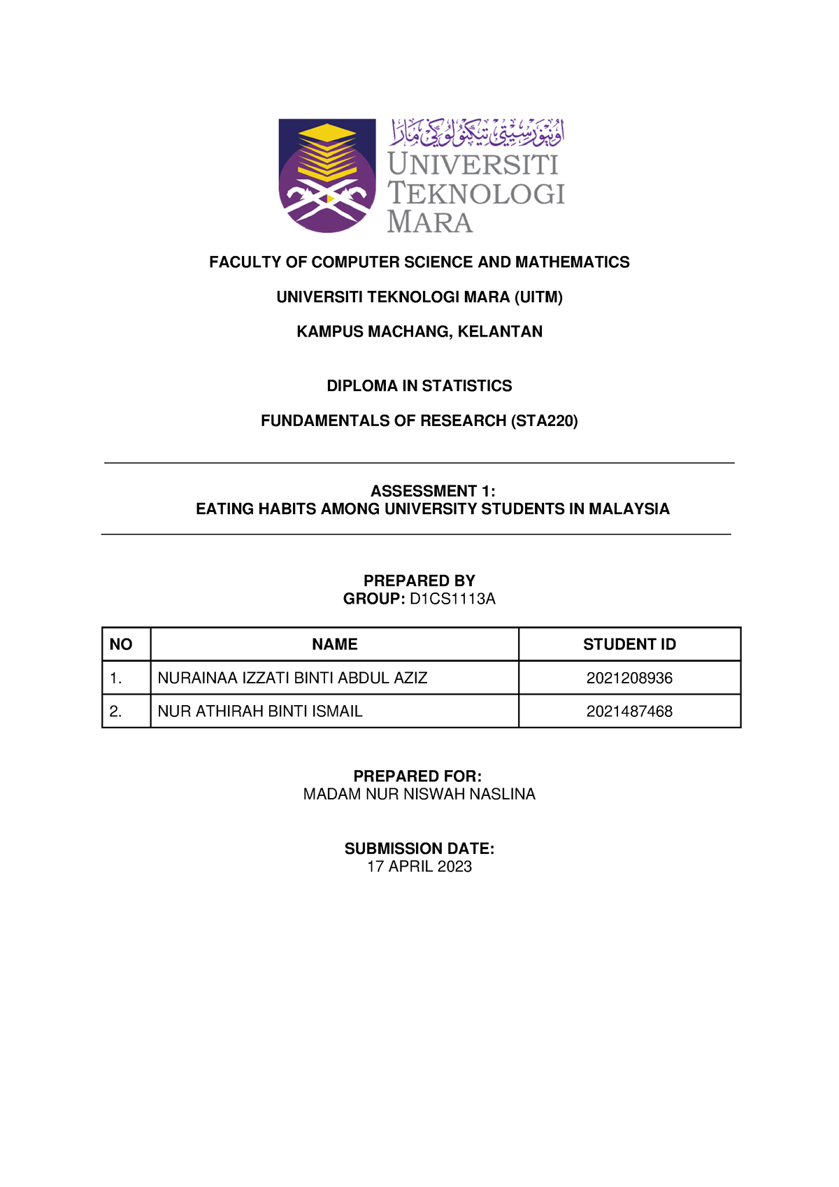 Assignment 1 STA220 - FACULTY OF COMPUTER SCIENCE AND MATHEMATICS ...