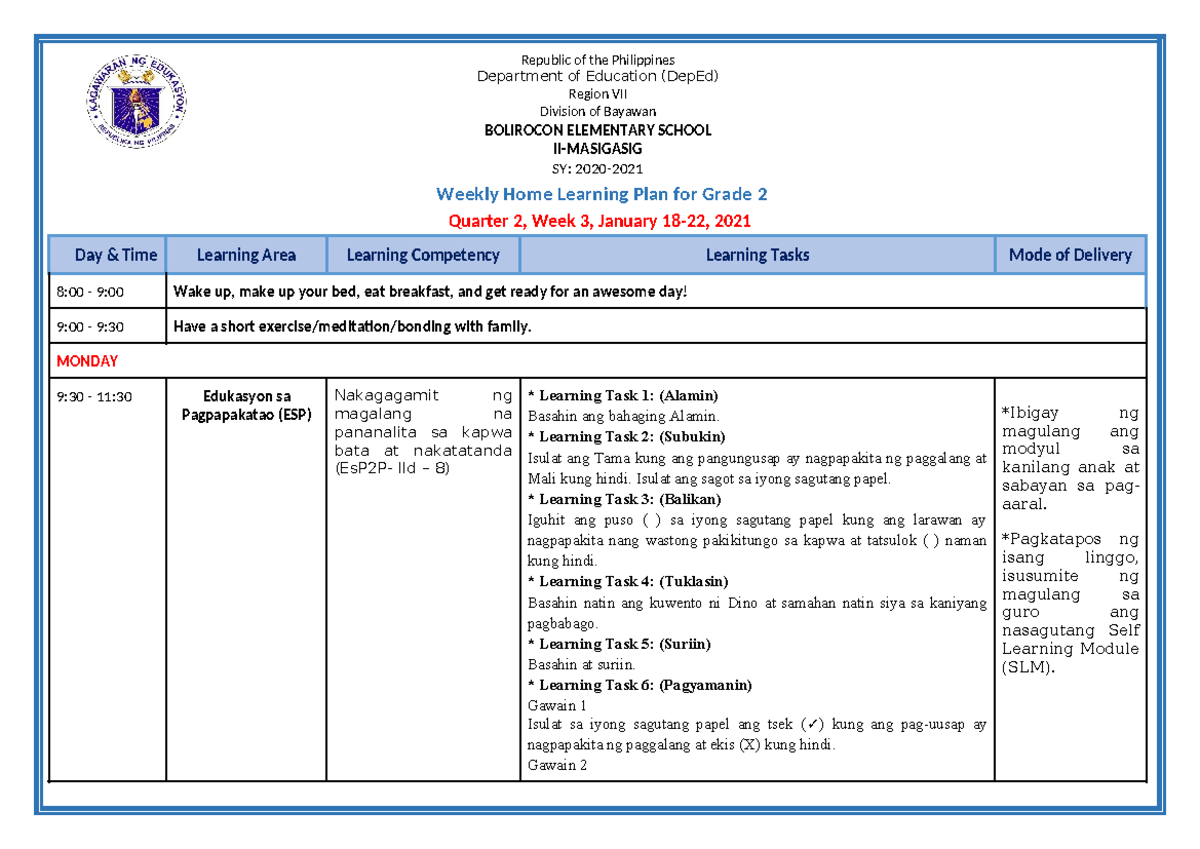 Whlp Grade 2 Q2 W3 All Subjects Weekly Home Learning Plan For Grade 2 Quarter 2 Week 3 7649