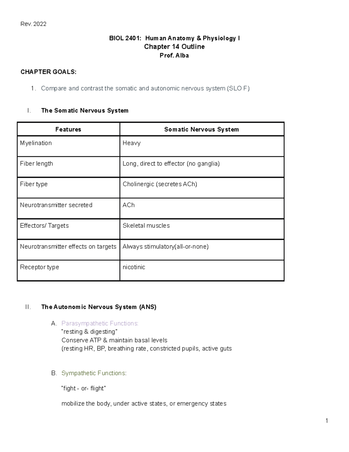 Ch 14 Outline - Chapter 14: The Autonomic Nervous System - BIOL 2401 ...