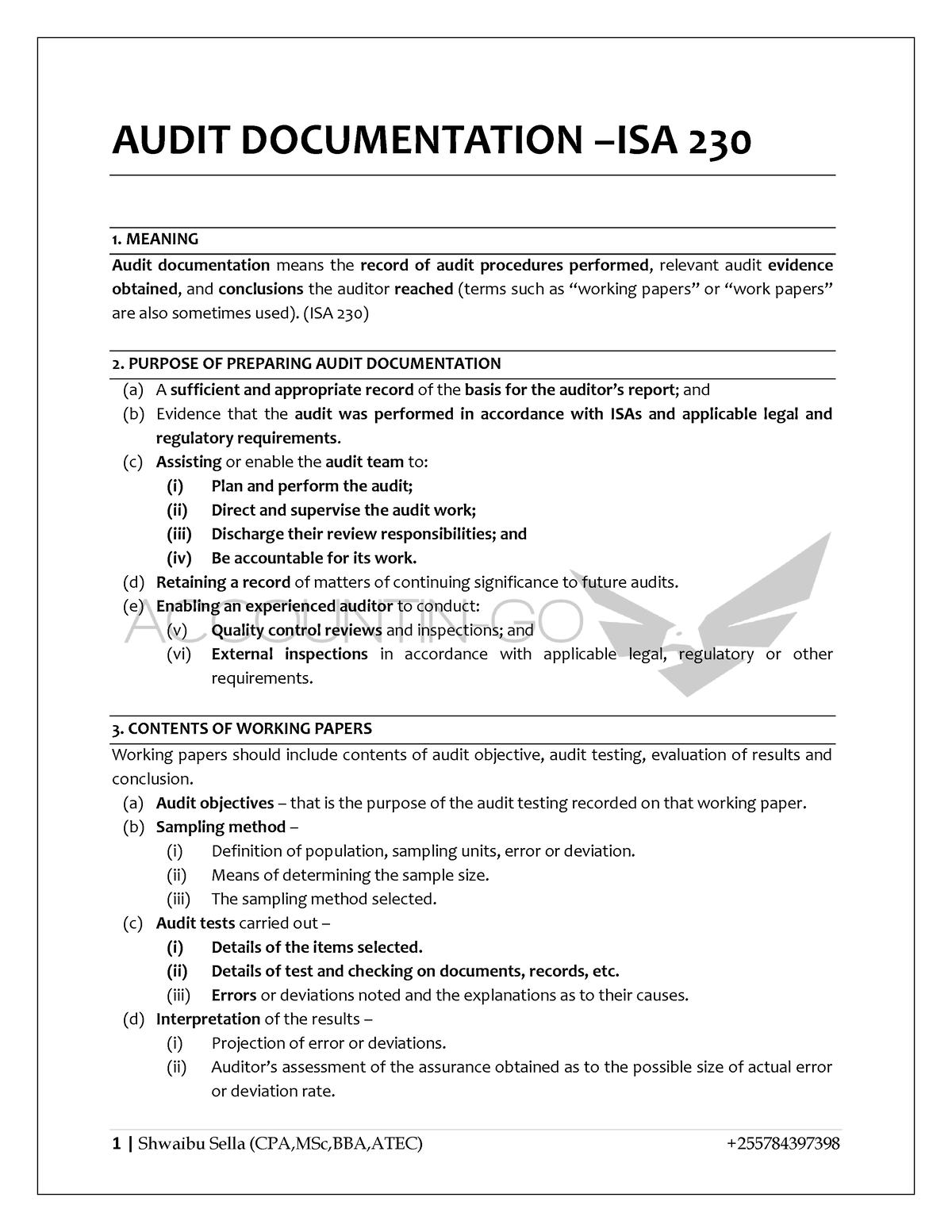 Audit Documentation - AUDIT DOCUMENTATION –ISA 230 1. MEANING Audit ...