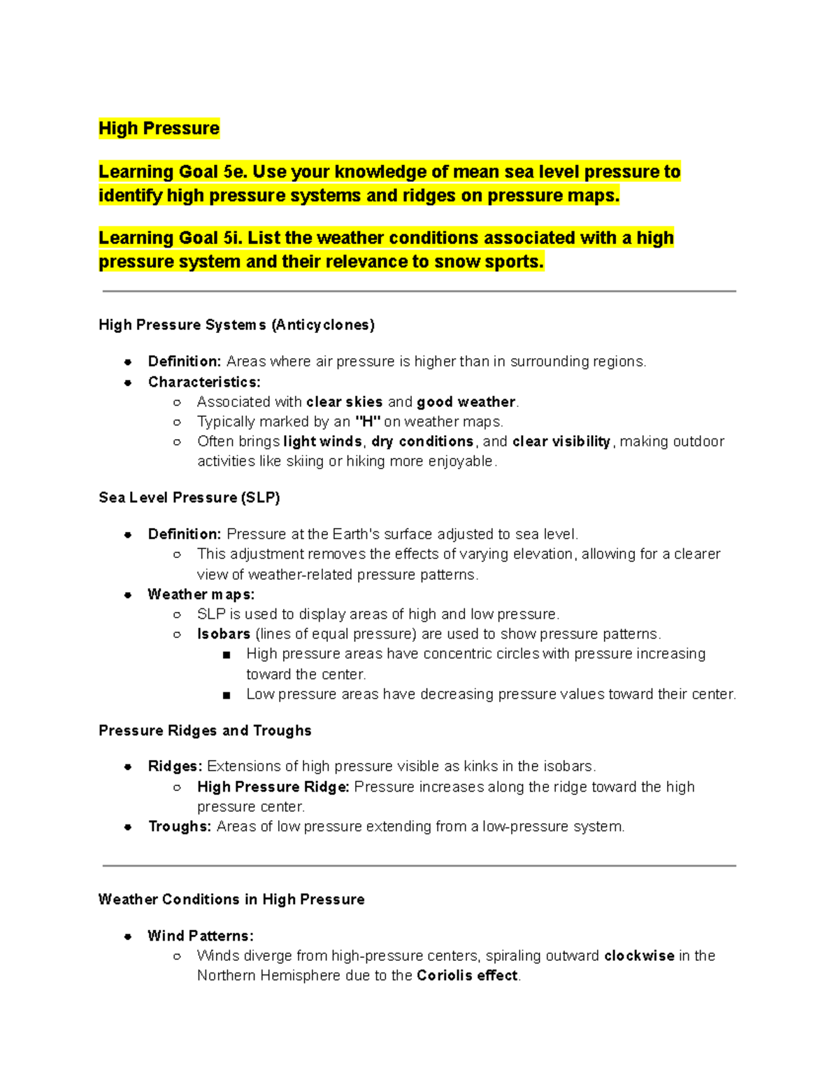 ATSC 113 Notes- snow - High Pressure Learning Goal 5e. Use your ...