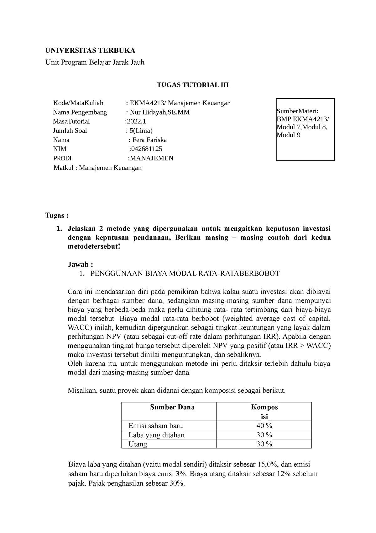 TT 3 Manajemen Keuangan - FERA Fariska 042681125 - UNIVERSITAS TERBUKA ...