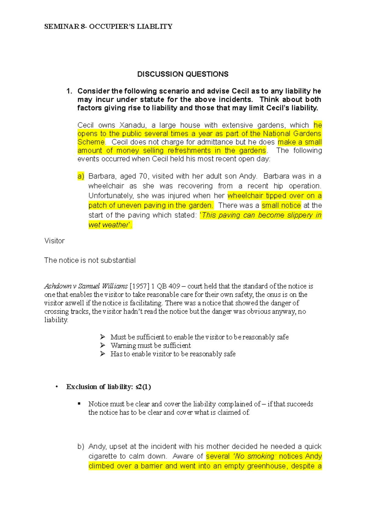 Seminar 8- Occupier's Liability - DISCUSSION QUESTIONS Consider the ...