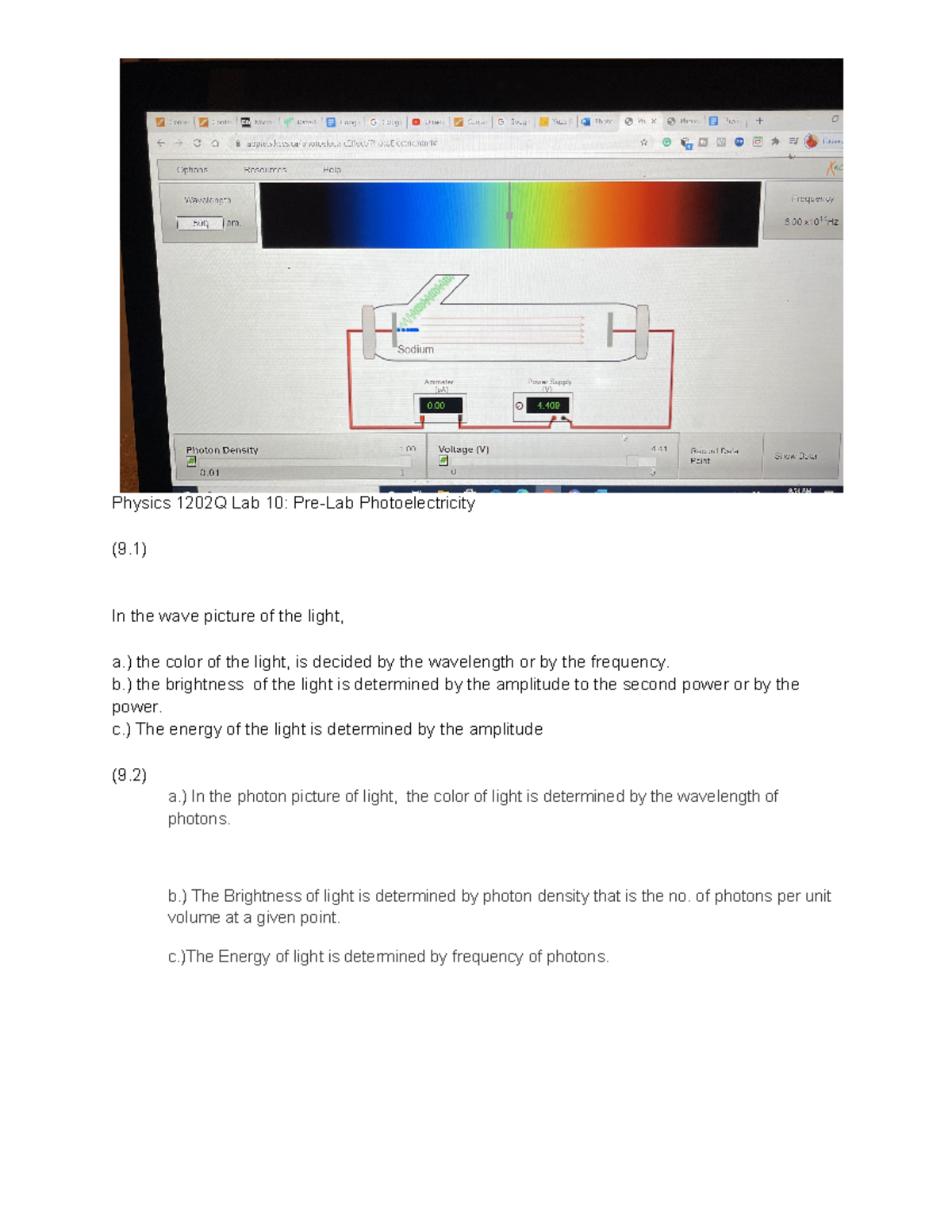 Physics 1202Q Lab 10 Pre-Lab Photoelectricity - Physics 1202Q Lab 10 ...