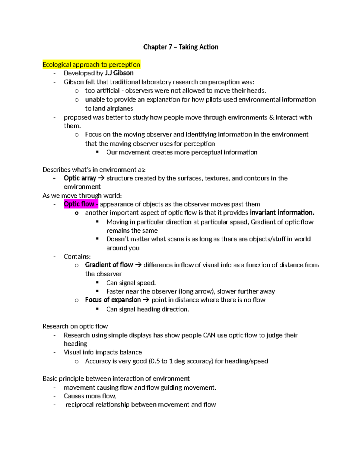 Chapter 7 - Chapter 7 – Taking Action Ecological approach to perception ...