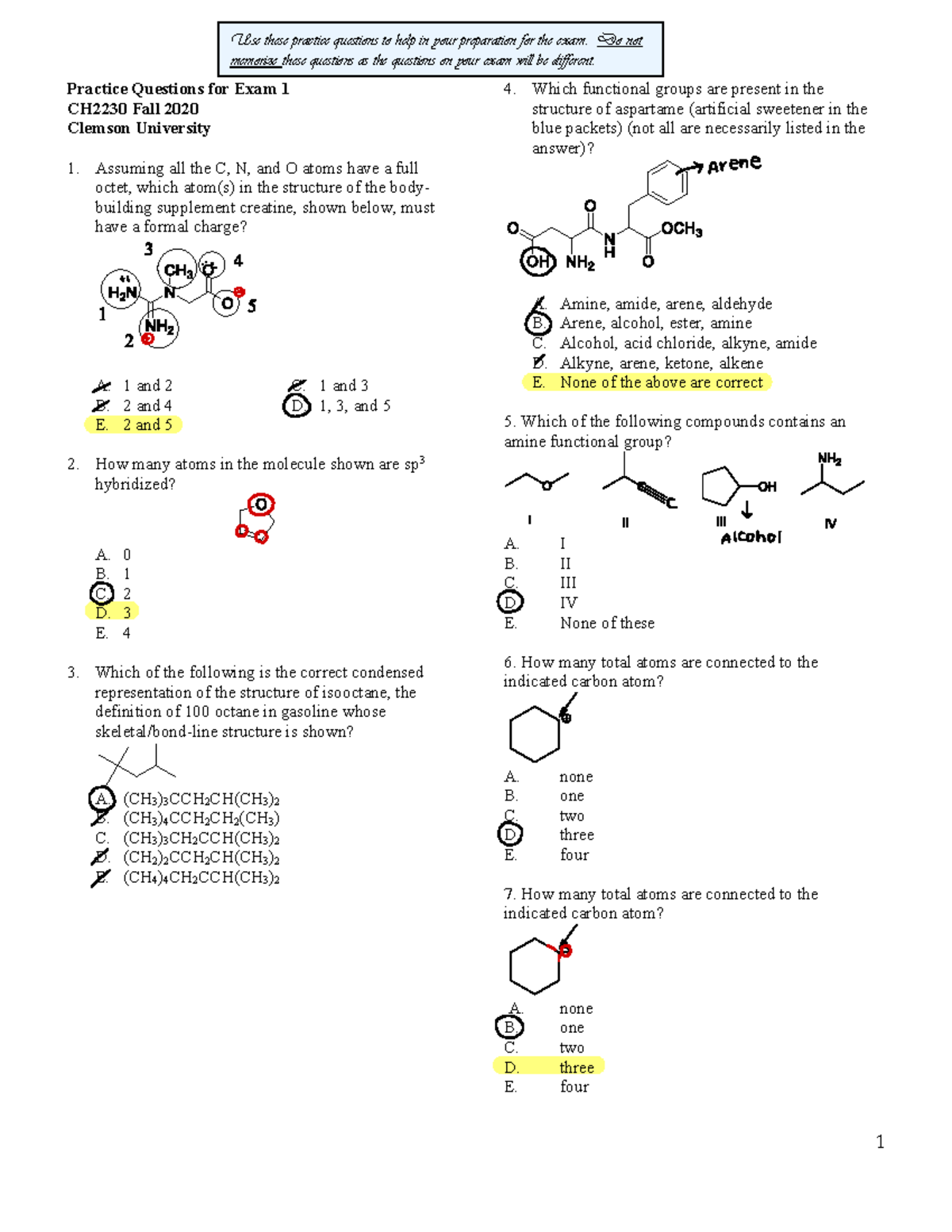 Exam 1 Fall 2020 - Practice - Practice Questions for Exam 1 CH2230 Fall ...