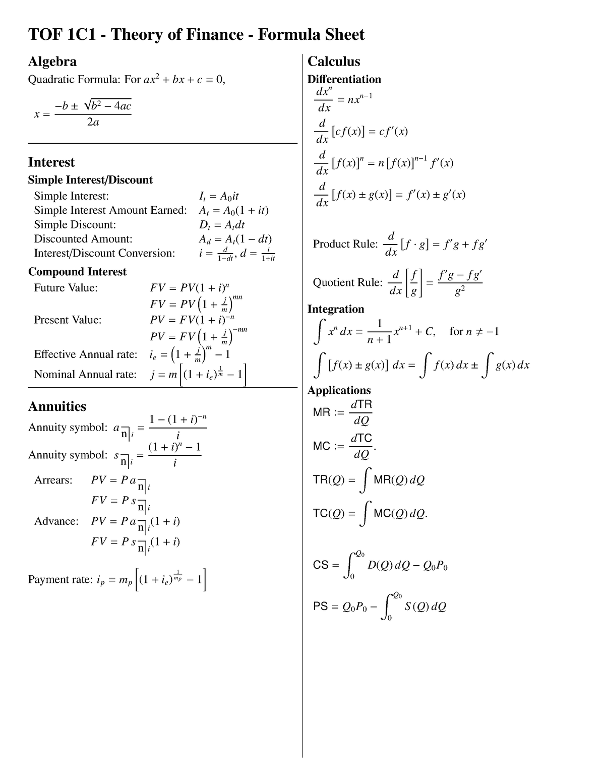 To F Formula Sheet - TOF 1C1 - Theory of Finance - Formula Sheet ...