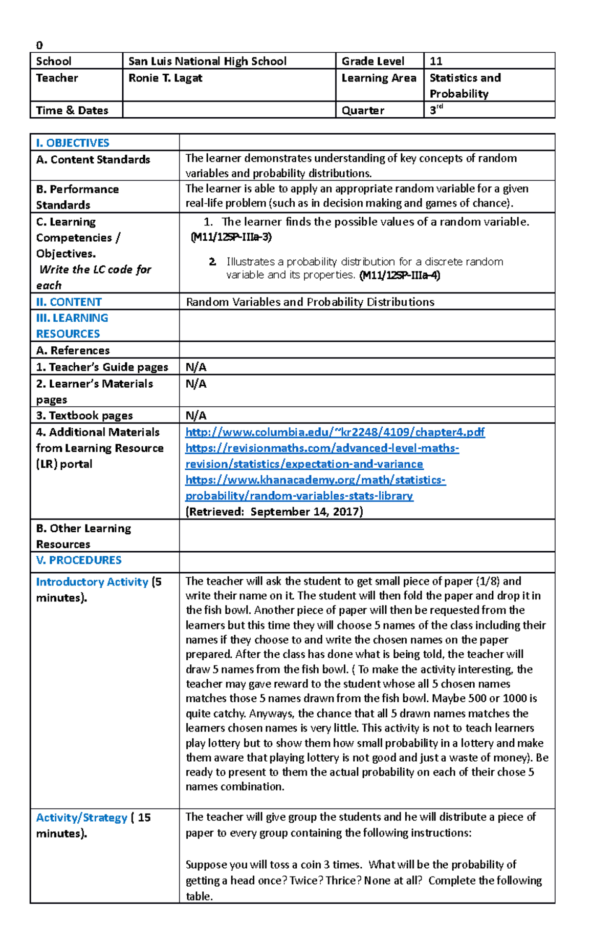 M1112SP-IIIa-3 to 4 - lesson plan - 0 School San Luis National High ...