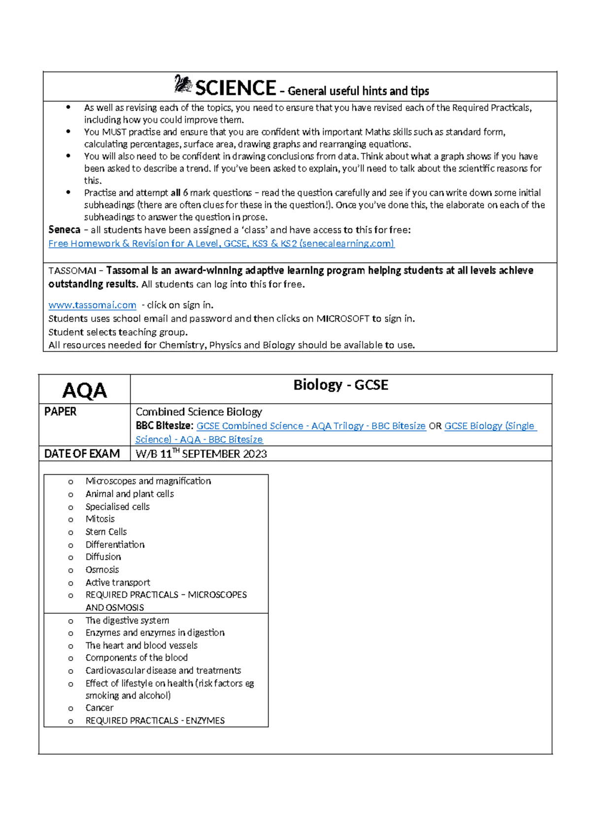 YEAR 9 Revision - Science - SCIENCE – General useful hints and tips As ...