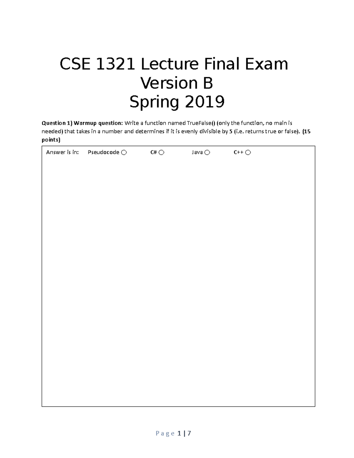 Spring 2019 - Final Exam B - CSE 1321 Lecture Final Exam Version B ...