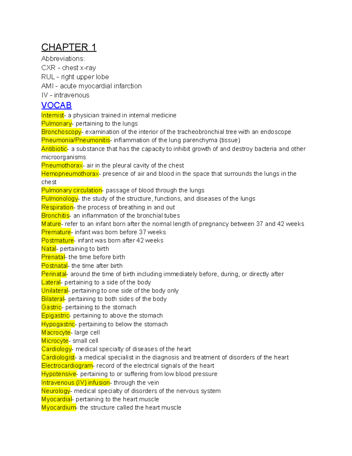 Chapter 1 - Intro To Medical Terminology - CHAPTER 1 Abbreviations: CXR ...