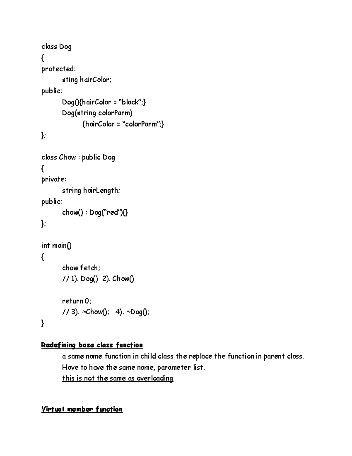 CIS 22C Lecture Notes - class Dog { protected: sting hairColor; public ...