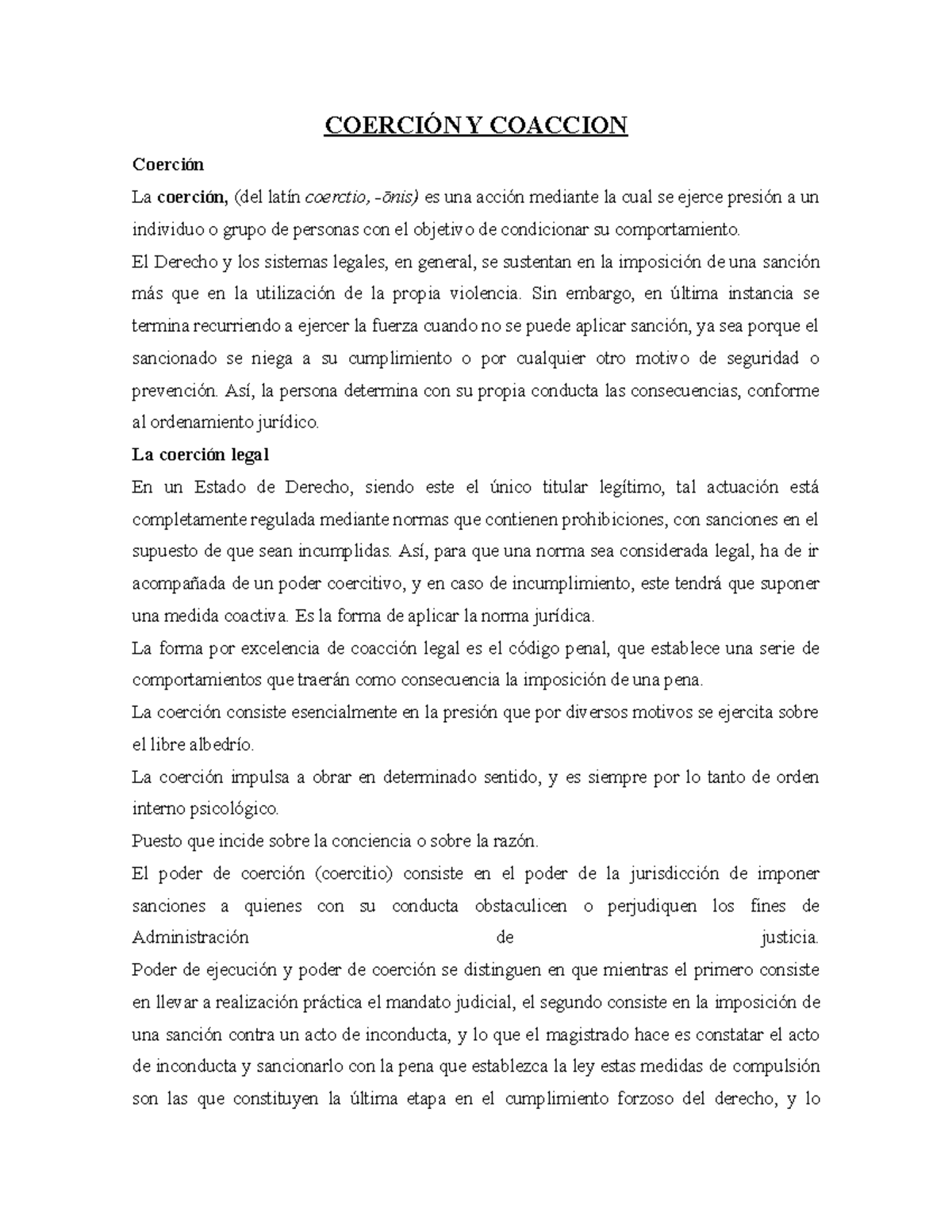 Coerción Y Coaccion COERCIÓN Y COACCION Coerción La coerción, (del