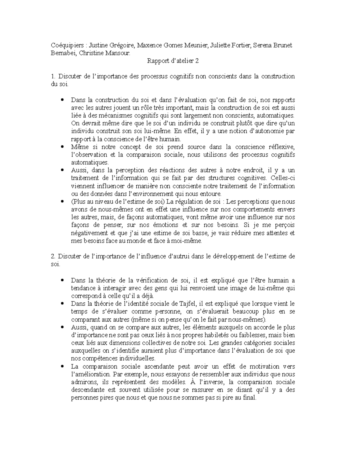 Rapport D'atelier 2 Psychologie Sociale - PSY 1075 - UdeM - Studocu