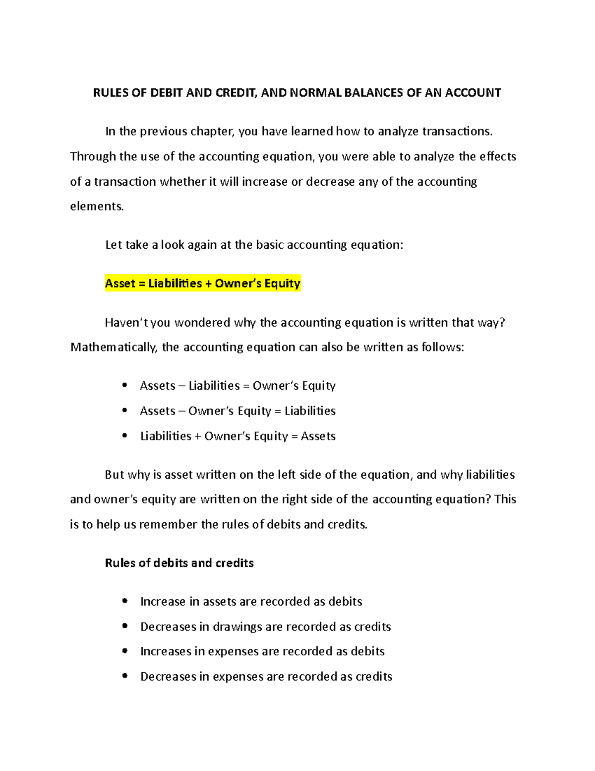 Rules OF Debit AND Credit - RULES OF DEBIT AND CREDIT, AND NORMAL ...