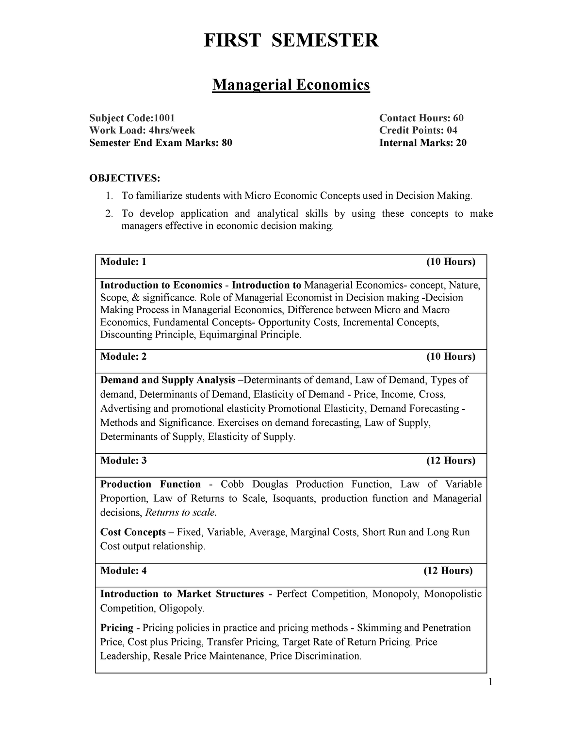 MBA 1st Semester Syllabus KLS - FIRST SEMESTER Managerial Economics ...