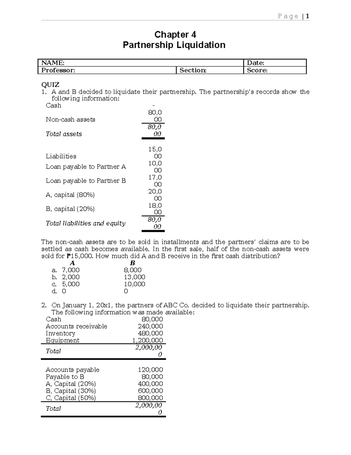 QUIZ Chapter-4 Partnership- Liquidation 2020- Edition-no-ans - Page | 1 ...