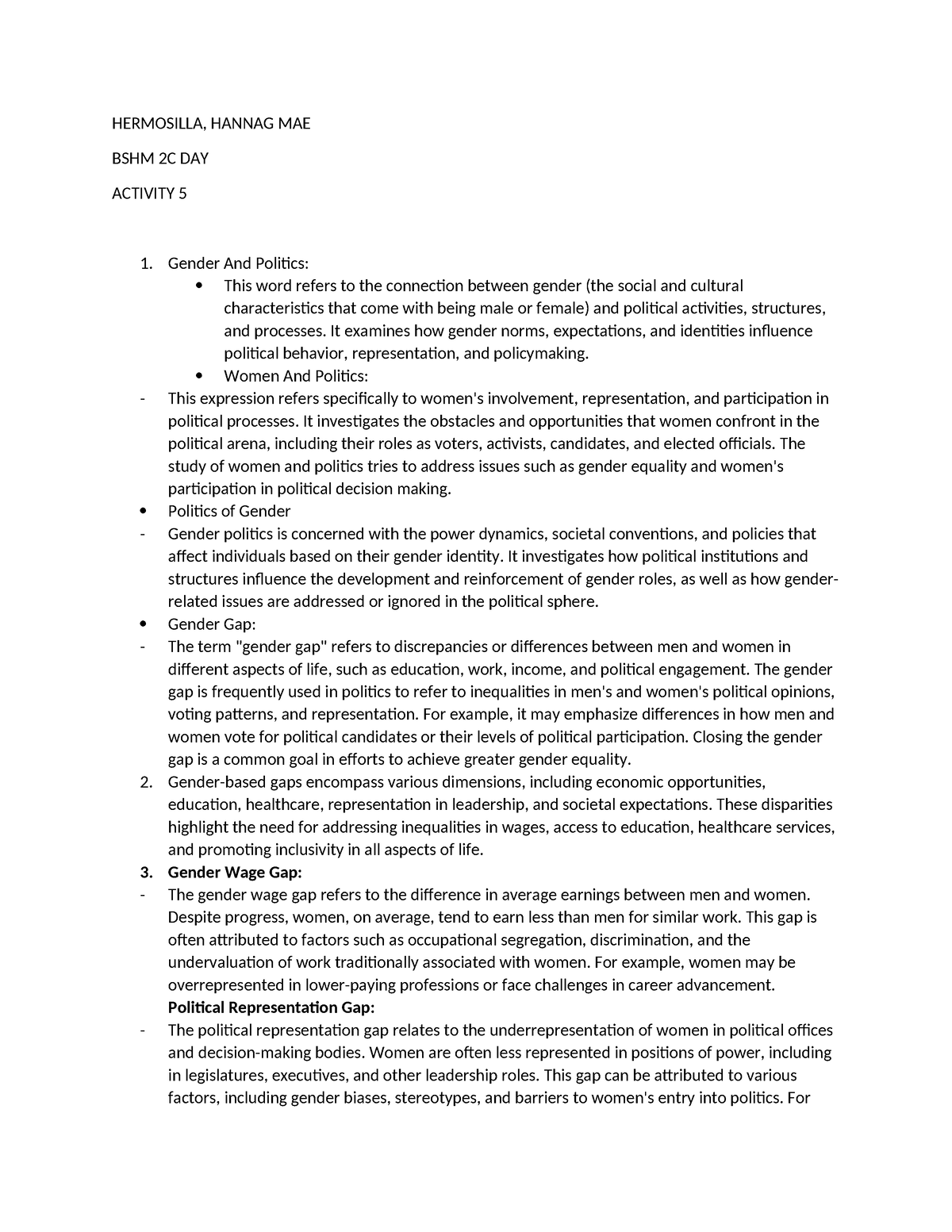 ACT5 - notes - HERMOSILLA, HANNAG MAE BSHM 2C DAY ACTIVITY 5 Gender And ...