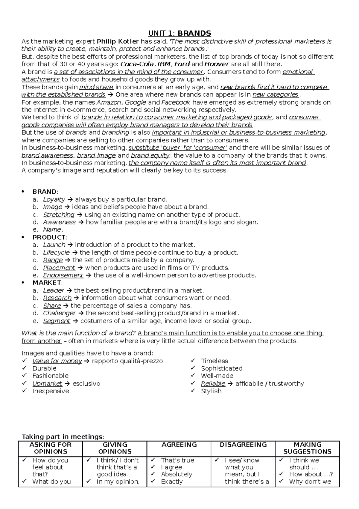 Market Leader - Intermediate (2° ANNO) - UNIT 1: BRANDS As the ...