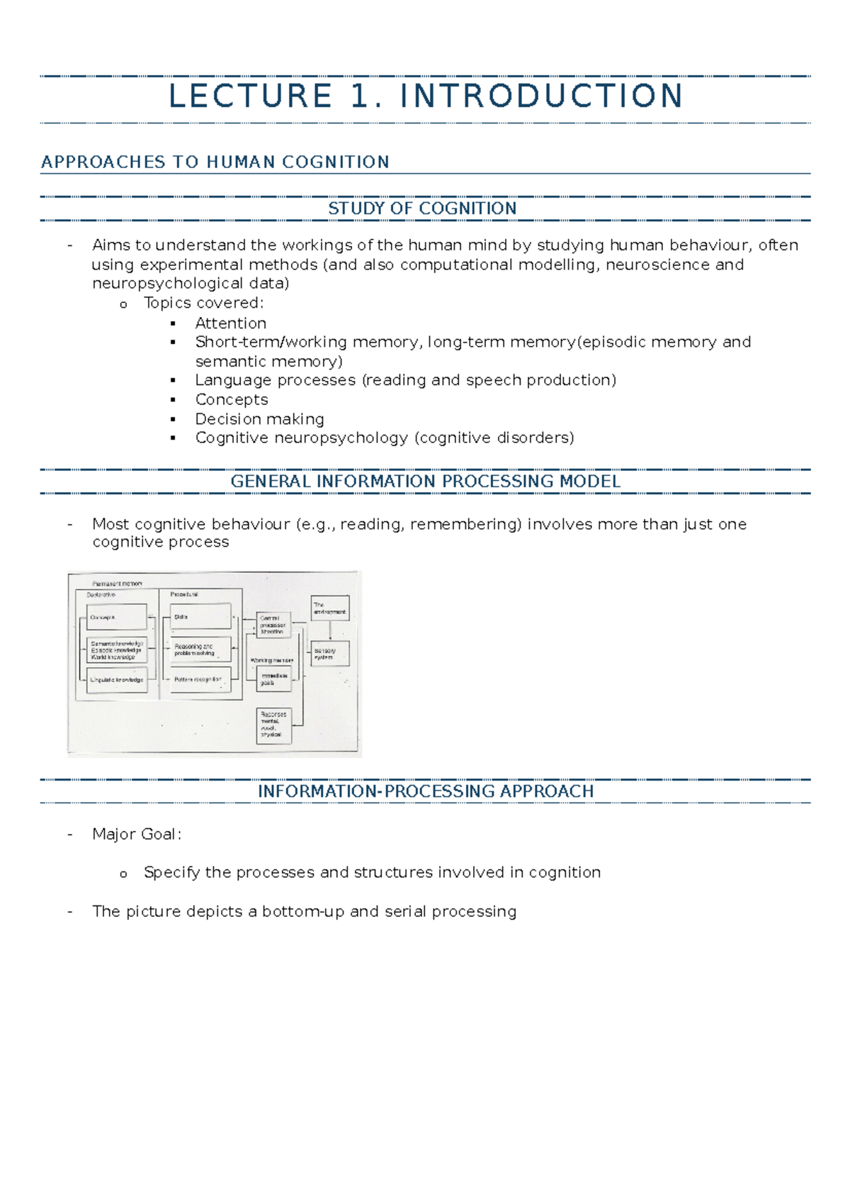 Lecture w1 - LECTURE 1. INTRODUCTION APPROACHES TO HUMAN COGNITION ...