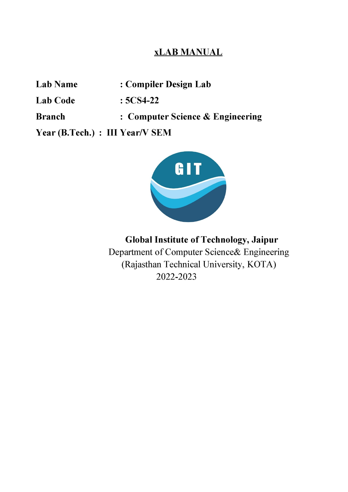 5CS4 22 Lab Mannual - Nothing - XLAB MANUAL Lab Name : Compiler Design ...