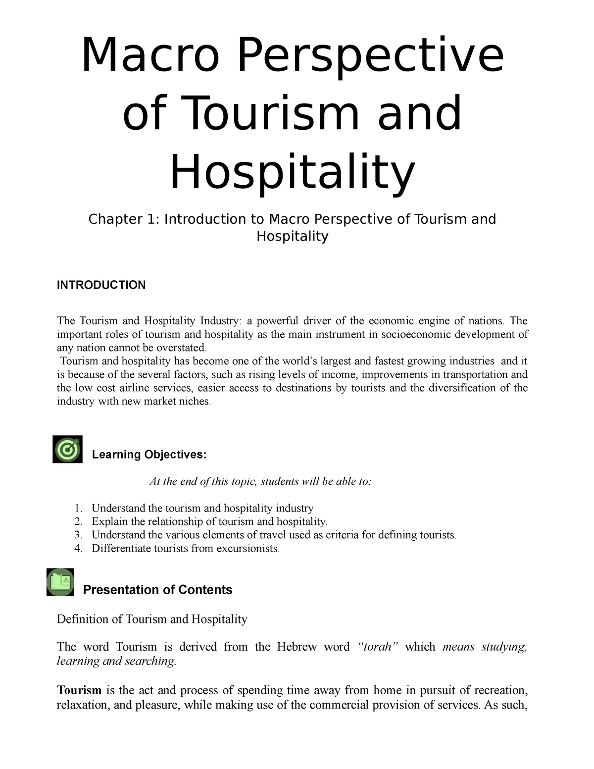 Introduction to Tourism (Macroperspective in Tourism and Hospitality)
