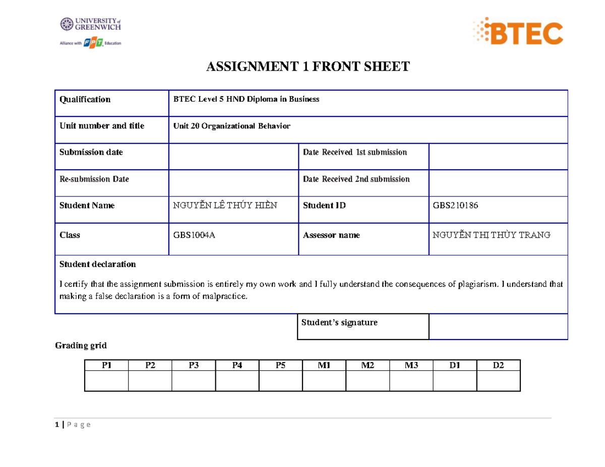 (P) 5064 ASM1 Nguyễn Lê Thúy Hiền - ASSIGNMENT 1 FRONT SHEET ...