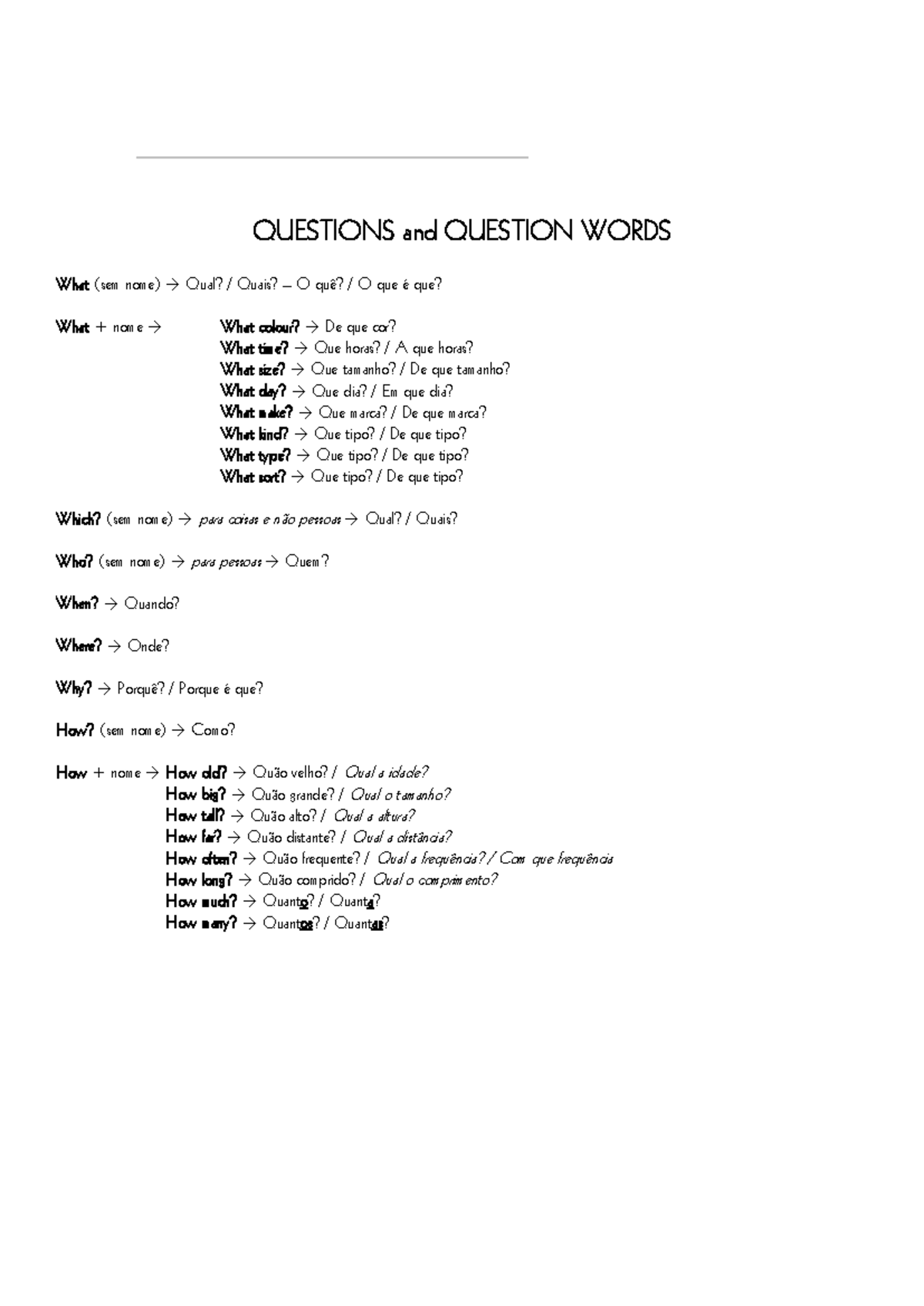WH Questions - 7º - QUESTIONS and QUESTION WORDS What (sem nome) → Qual ...