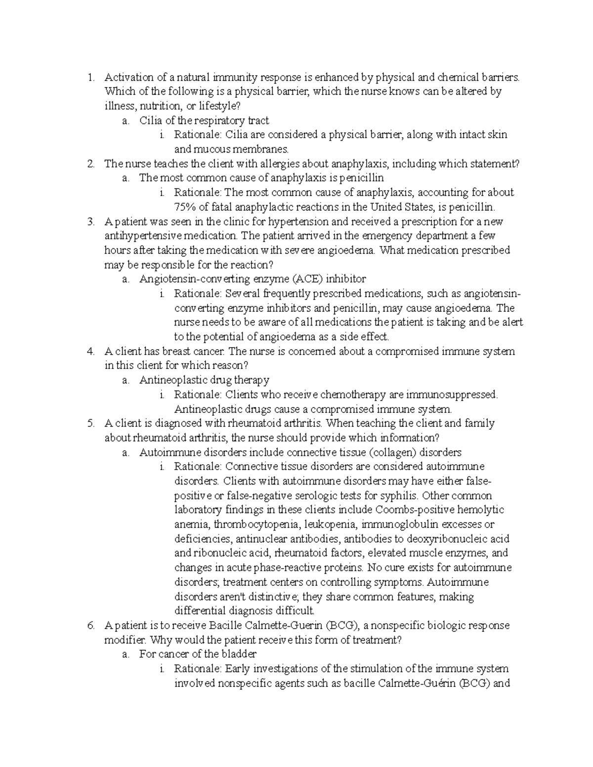 practice questions - Activation of a natural immunity response is ...